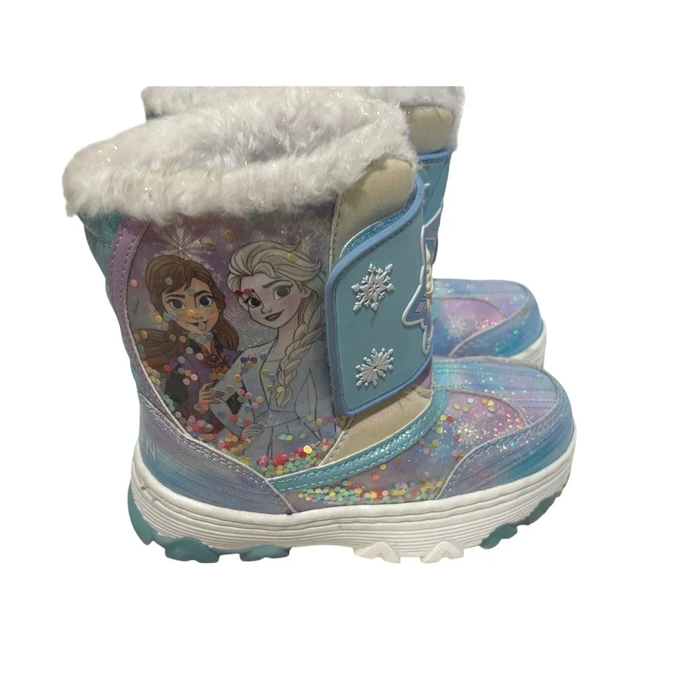 Disney Frozen Anna Elsa Blue Purple Glitter Faux Fur Snow Boots Girls Size 10